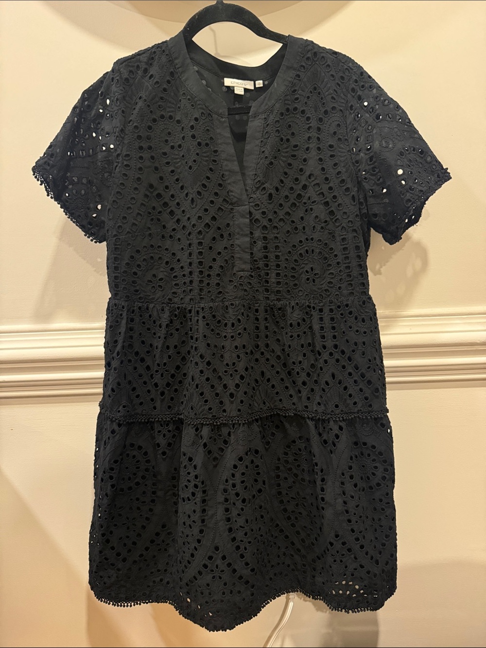 Chico’s ~ Black Cotton Eyelet Tiered Short-Sleeve Dress ~ Size 12